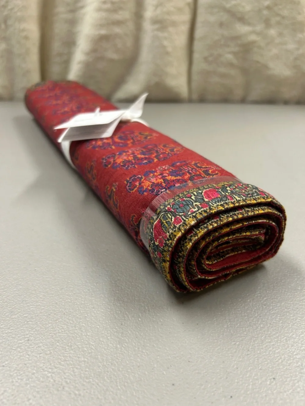 Pottery Barn Bhotah Print Cotton / Linen Blend Table Runner Dining Decor Red NWT